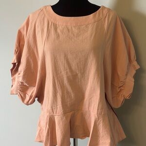 Umgee Pink Puff Sleeve Peplum Blouse